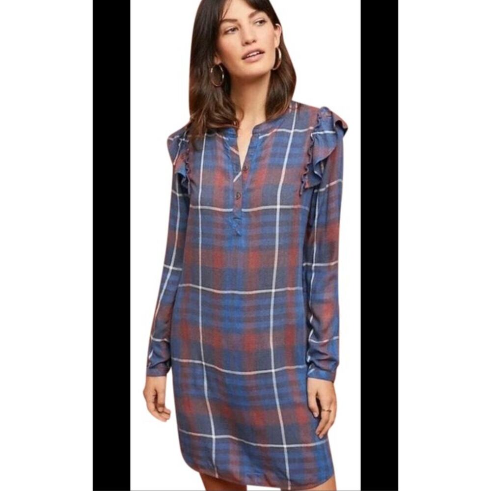 Anthropologie Cloth & Stone Red Blue Plaid Ruffle Shoulder Peasant Tunic Size L